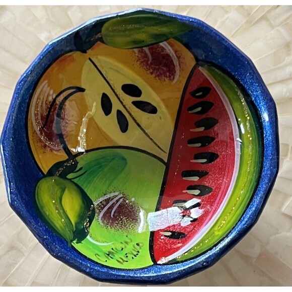 Mexican Terracotta Clay Painted Fruit Pottery Footed Salsa Bowl Trinket Dish New - Picture 2 of 6